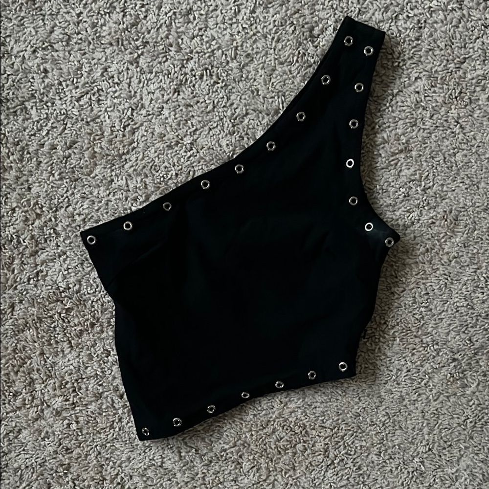 Black Crop Grommet One Shoulder Top